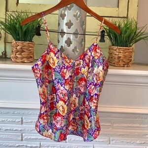 Erika Taylor Vintage Satin Colorful Floral Tank Top Lingerie Cami Size M